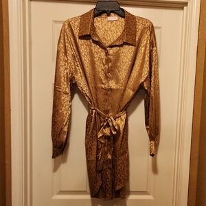 Pink Lily Gold Animal-Print Satin Long-sleeve with Belt